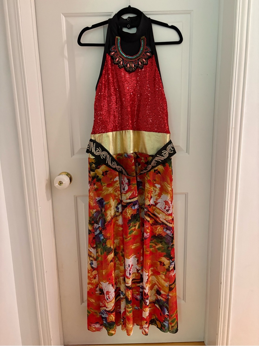 Dance costume - Red Sequin Halter Midi Dress with Gold Band